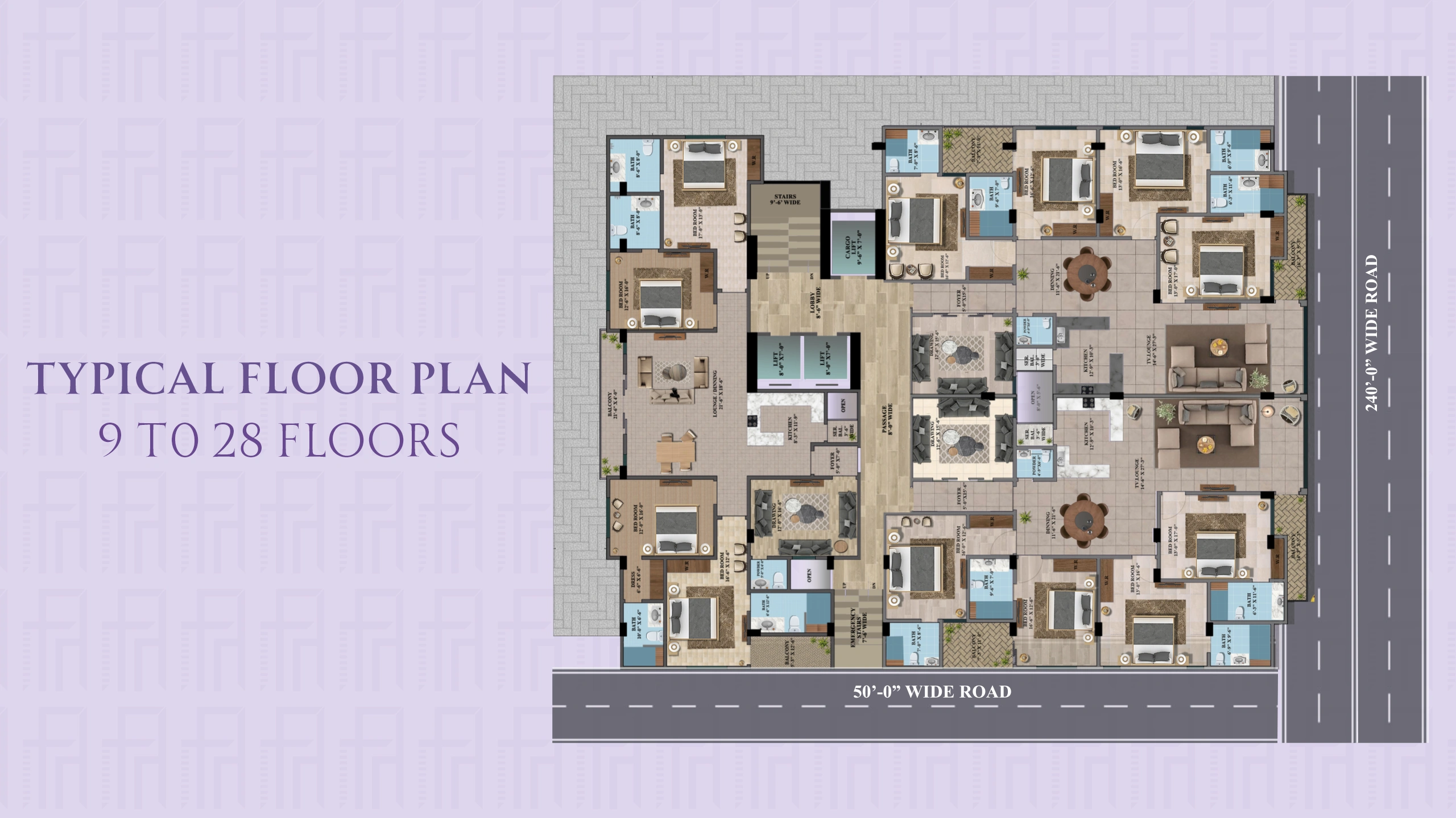Typical floor plan for the 9th to 28th floors at Faizan Heights