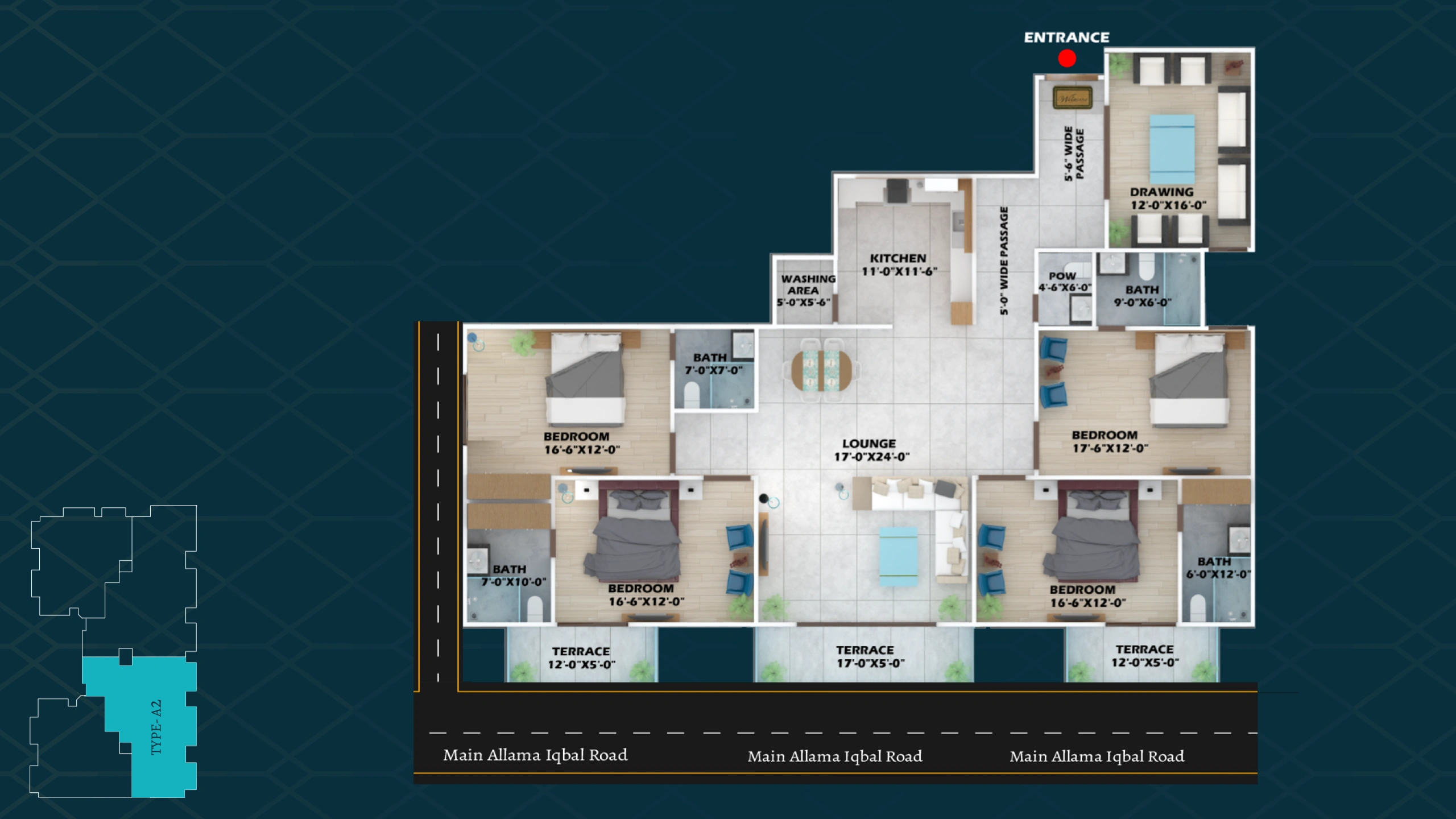 Type A2 floor plan at Faizan Sky Tower