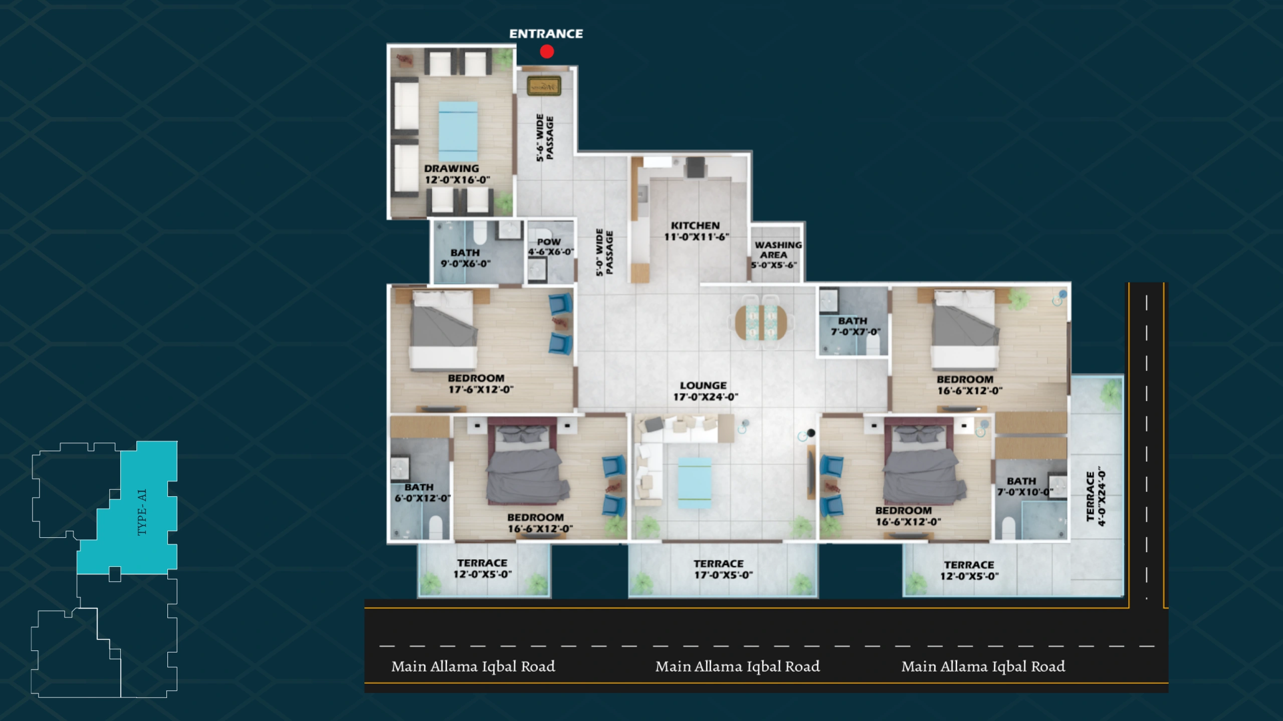 Type A1 floor plan at Faizan Sky Tower